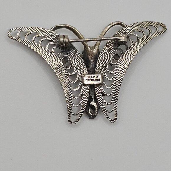 VTG Beau Brooch 925 Sterling Silver Floral Butterfly Moth Filigree Fairycore Pin - Picture 6 of 10